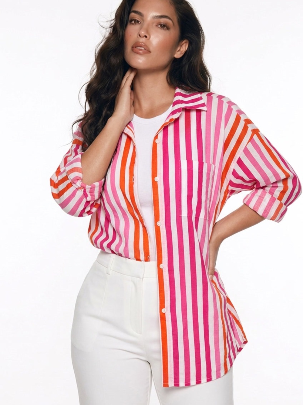BEACH RIOT | Striped Pink & Orange Button-Up Shirt Women’s Size Large Petite